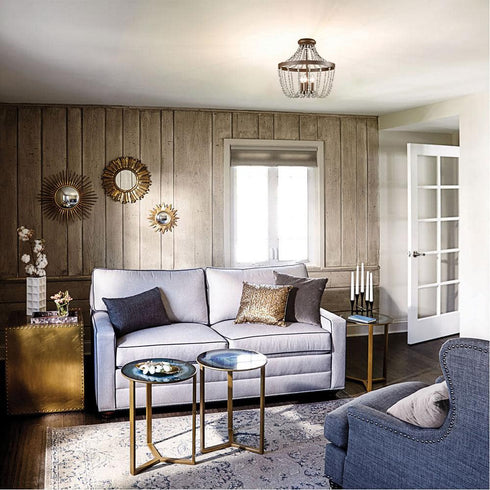 Rustic Wood and Crystal Bead Semi Flush Mounting Ceiling Light